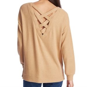 NWT 1. STATE Waffle Knit Lattice Cross V-Back Sweater Tunic Size M